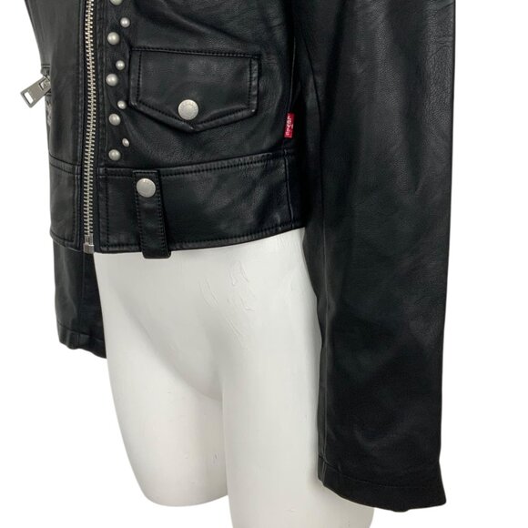 Levi’s Faux Vegan Leather Studded Moto Jacket XS Black Zip Front Biker Zip Cuffs - Picture 9 of 14